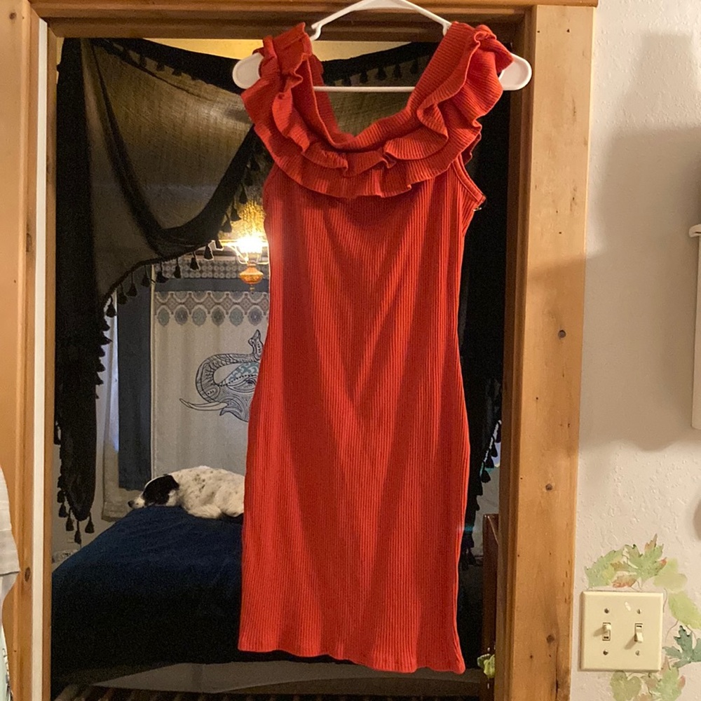 Haute Monde off the shoulder burnt orange dress